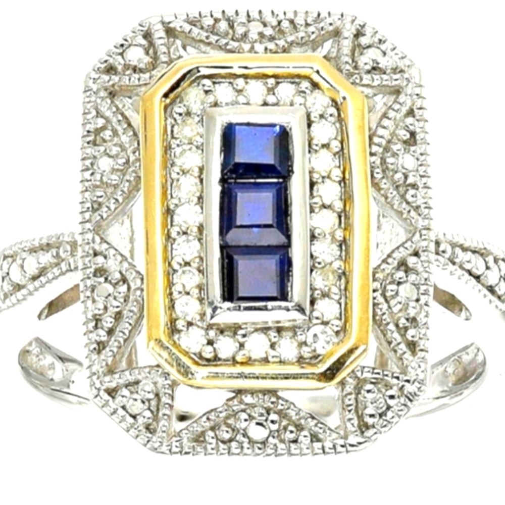 NEW! US 10 Silver & Sapphire Art Deco Ring